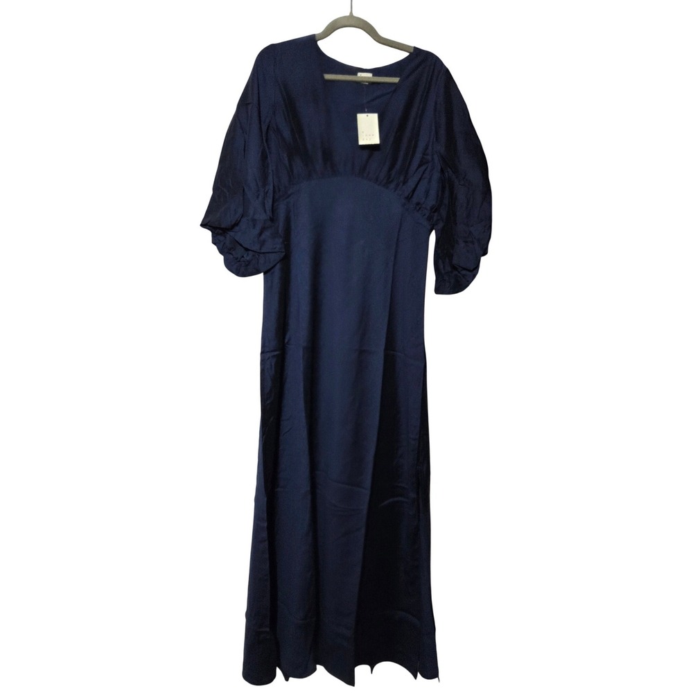 A New Day Navy Blue Lyocell Blend Puff Sleeve Maxi Dress with Neck Tie Size M